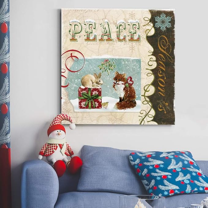 Renditions Gallery Christmas Peace Wall Art, Cute Winter Decor, Festive Rabbit, Fox, and Bird with Present, Premium Gallery Wrapped Canvas, Ready to Hang, 32 in H x 32 in W, Made in America