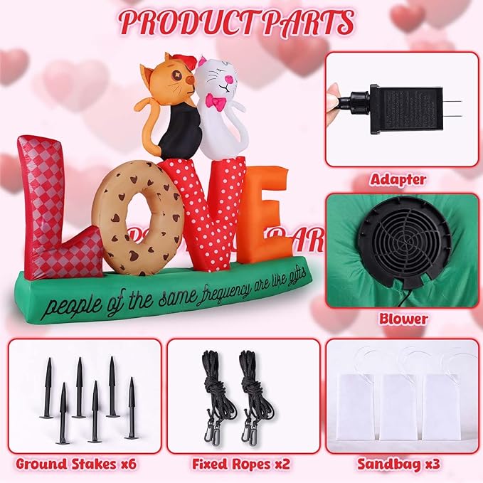 7.2Ft Valentines Inflatables Outdoor Decorations Love Letters Cuddling Cats, LED Blow Up Yard Garden Decor for Wedding Proposal Anniversary, Waterproof Lawn Display with 6 Stakes
