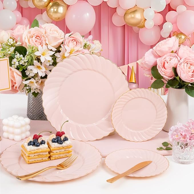 YOUBET 125Pcs Pink Plastic Plates with Gold Rim - Scalloped Plastic Plates Set Includes 25 Dinner, 25 Dessert Plate, 75 Gold Silverware for 25Geusts for Wedding Birthday Parties Baby Shower Valentines