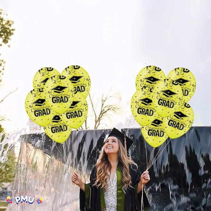 PMU 100 Pcs Crystal Yellow Graduation Balloons Class of 2025 with All-Over Print White Grad Caps-Confetti and Streamers | Graduation Party Supplies | Congratulations Grad Latex Balloons Latex