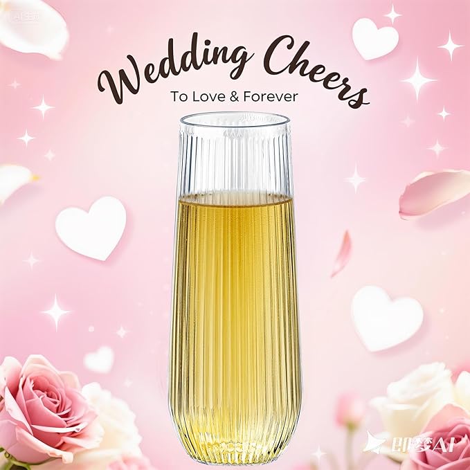 48 Pack Plastic Ribbed Champagne Flutes, 9 Oz Stemless Disposable Clear Plastic Toasting Glasses Shatterproof Recyclable and BPA-Free Perfect For Wedding