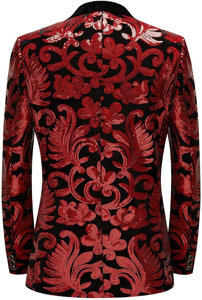 Men Fashion Velvet Sequins Floral Pattern Suit Jacket Blazer