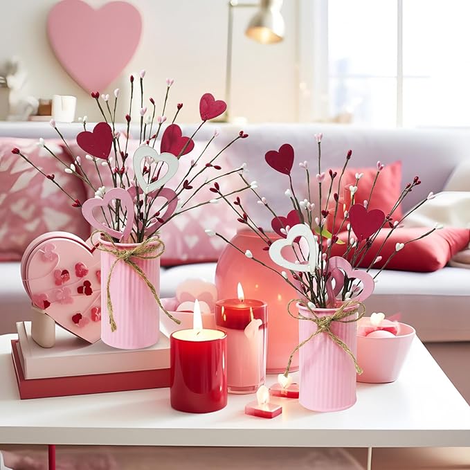 TORONTOKYO Valentines Day Decor, 6 Pack Valentine's Day Artificial Potted Plant Heart Shaped Valentines Day Picks with Berries Metal Pot for Home Office Table Centerpiece Decor