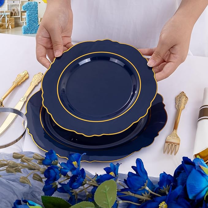 Liacere 175PCS Navy Blue Plastic Plates-Disposable Blue Gold - 25guest Baroque Plastic Dinnerware include 50Plates,25Pack Pre Rolled Napkins with Silverware 25Cups for Wedding &Father's Day&New Year