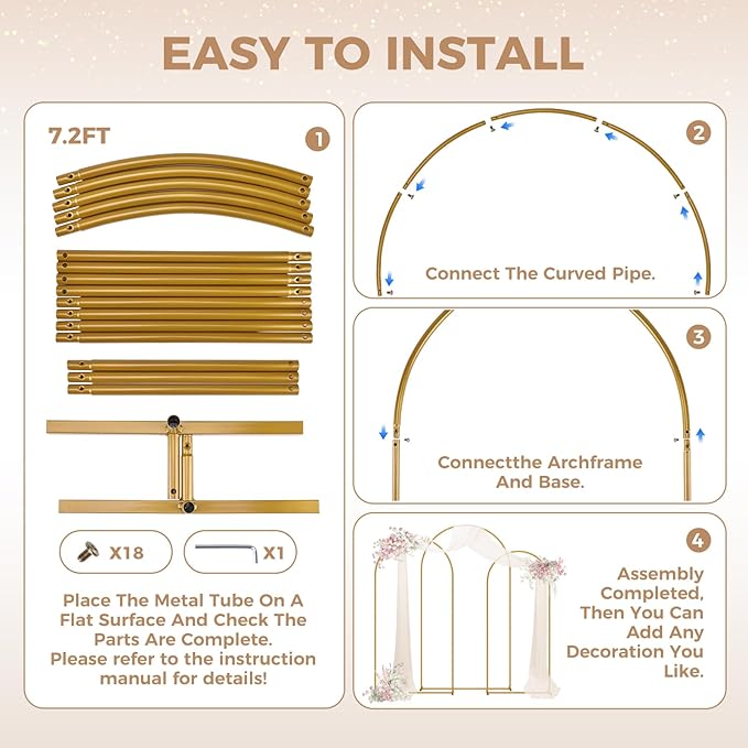 Babenest Gold Arch Backdrop Stand Set of 3, 6FT/6.6FT/7.2FT Metal Arch Weeding Round Tube Stand, Balloon Arch Frame for Ceremony Birthday Party Bridal Baby Shower Banquet Decoration