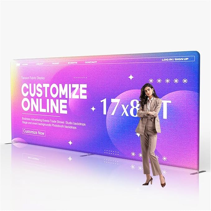 17x8 FT Custom Tension Fabric Backdrop Banner Stand, HD Banner Printing Online Design Tension Fabric Display Stand, Large Portable Trade Show Display Booth for Business, Corporate, Wedding, Mall