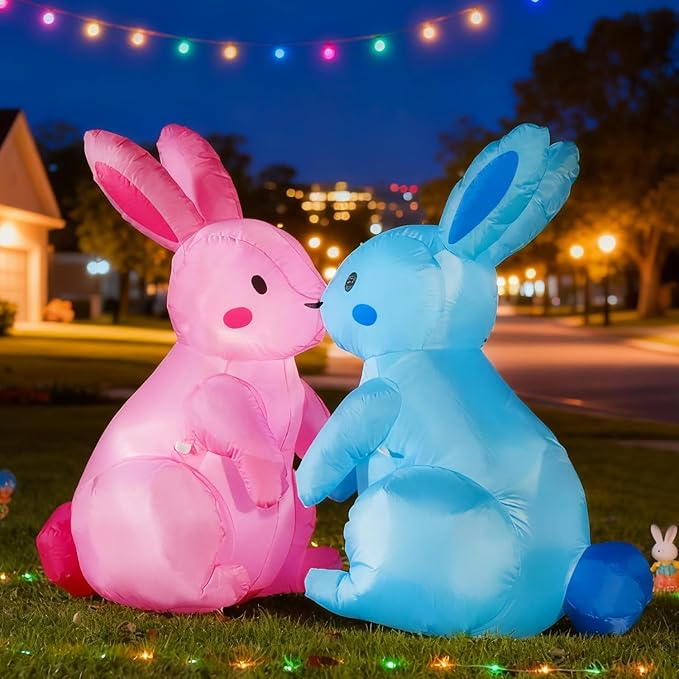 Domkom 6FT Long Kissing Valentines Day&Easter Inflatable Bunnies Outdoor Decorations, Build-in LED Lights Holiday Blow Up Yard Decoration, for Easter&Valentine's Day, Outdoor,Garden, Yard Lawn Décor