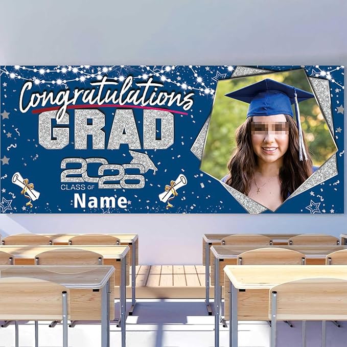 Custom Garaduation Garage Door Banner Cover 16 x 7 ft Class of 2026 Congrats Grad Party Backdrop Personalized Graduation Decoration(Blue and Silver)