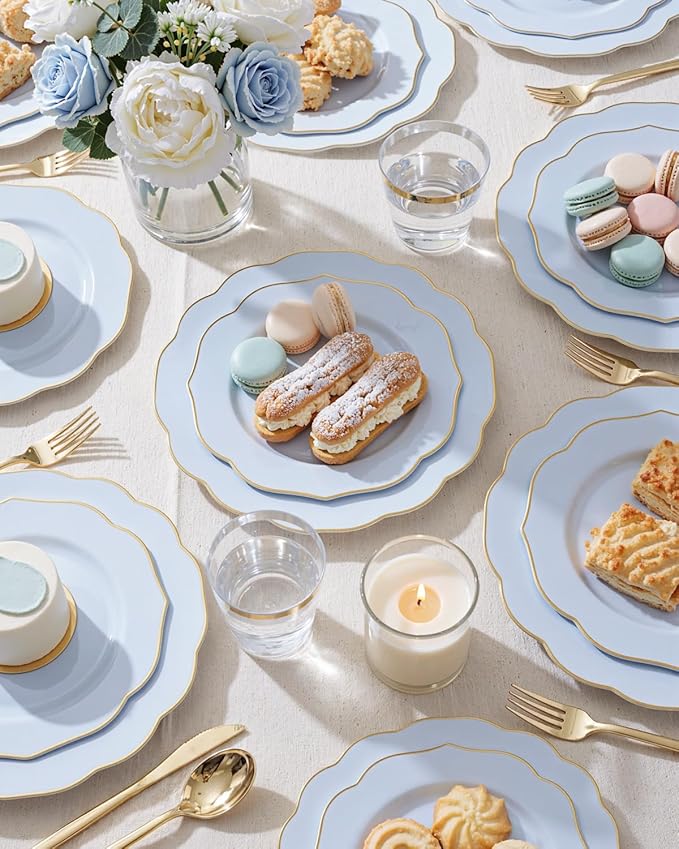 bUCLA 180PCS Blue Plastic Plates - Disposable Light Blue with Gold Rim - Include 30 Each (Dinner & Salad) Plates, 30 Knives, 30 Forks, 30 Spoons, 30 Cups for Party, Birthday & Shower