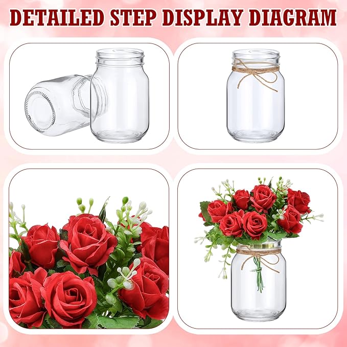 XunYee 10 Set Mason Jar Table Centerpiece with Flower Mason Jar Flower Centerpiece Vases Decor for Engagement Party Bridal Shower Centerpieces Wedding Reception Table Decor(Red Rose)