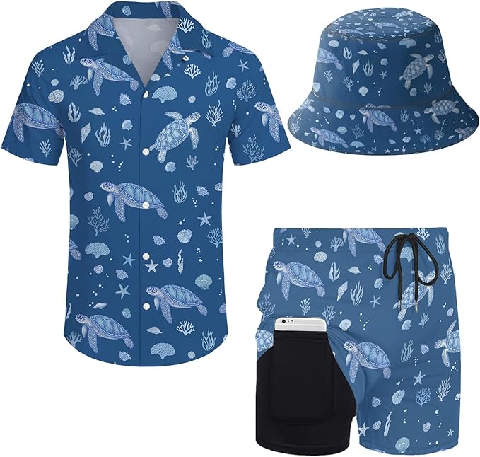 Men's Hawaiian Shirt and Shorts Set 2 Piece Beach Outfits with Bucket Hats for Beach Days and Summer Vibes