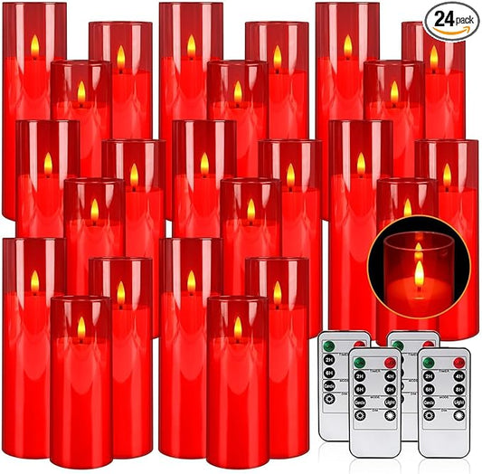 24-Pack Red Acrylic Flameless LED Candles with Remote Control - Realistic Flickering Battery - Operated Candles for Valentine's Day,Home Decor, Weddings, and Parties.