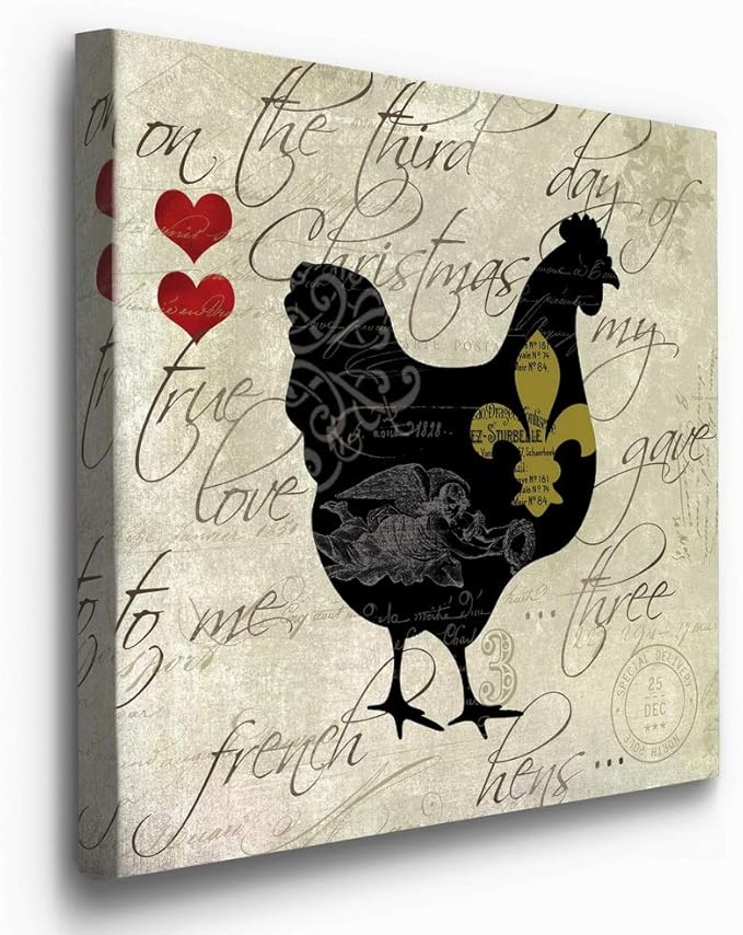 Renditions Gallery Twelve Days of Christmas Wall Art, Three French Hens, Cute Winter Artwork, Holiday Song Decor, Premium Gallery Wrapped Canvas, Ready to Hang, 24 in H x 24 in W, Made in America