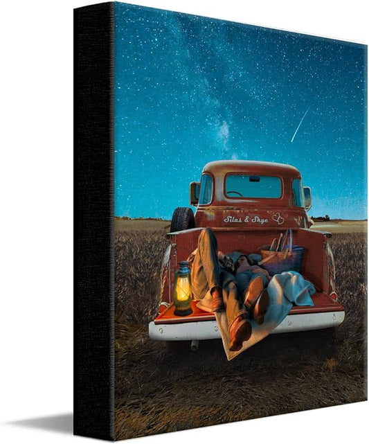 Personal-Prints STARGAZERS | Custom Romantic Wall Art Gift | Personalized With Your Names on the Classic 1954 Chevy | Anniversary, Wedding, Valentine's Day Gift (8"x10" Easel Backed Canvas)