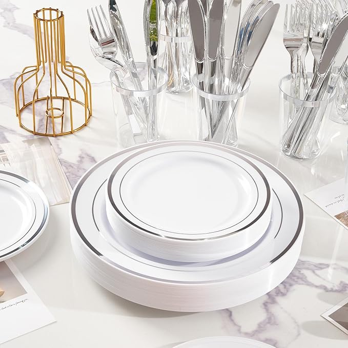 175 Pcs Silver Disposable Plates for 25 Guests, Disposable Plastic Plates, Dinnerware Set Include 25 Dinner Plates, 25 Salad Plates,25 Cups, 25 Paper Napkins for Party, Wedding, New Year