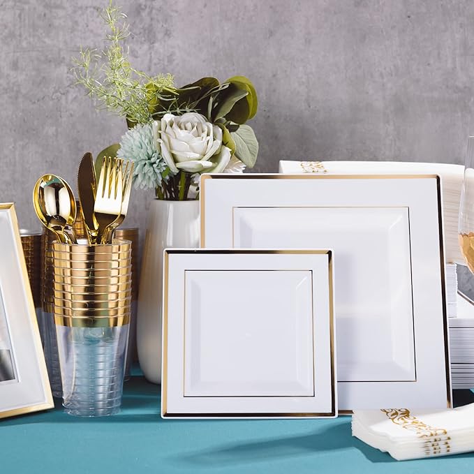 N9R 50 Guest Gold Dinnerware Set-100 White Square Plastic Plates with Gold Rim, 50 forks, 50 Spoons, 50 Knives, 50 Cups, 50 Napkins-Disposable Dinnerware Set for Wedding