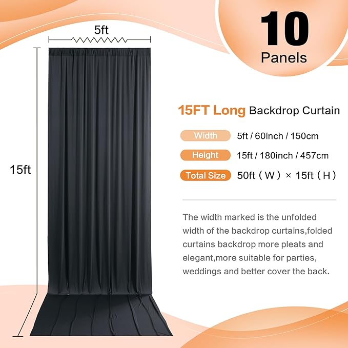 50ft x 15ft Black Wrinkle Free Backdrop Curtains for Parties,Silky Polyester Fabric Wedding Ceiling Drapes-10 Panels 15ft Photo Back Drop Drapes for Baby Shower Photography Stage Background Cloth