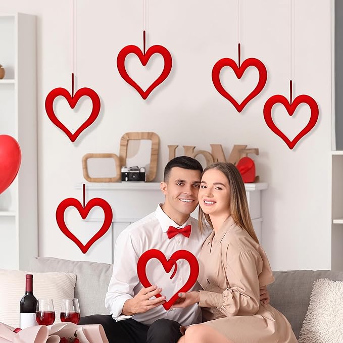 Aneco 6 Pieces Valentine‘s Day 3D Velvet Heart Hanging Ornament 9.45 Inch Foam Heart Wreaths for Valentine‘s Day Wedding Anniversary Front Door Home Decor, Red