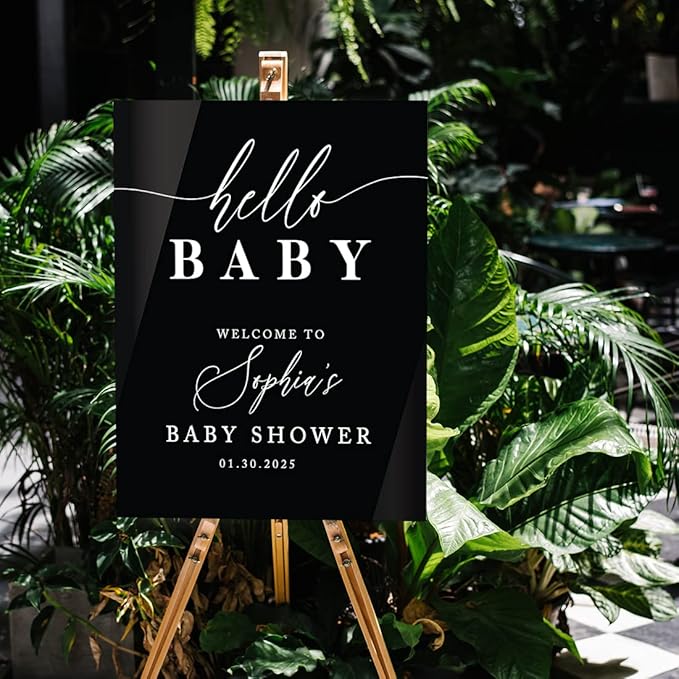 Andaz Press 16"x20" Black Acrylic Personalized Baby Shower Welcome Sign, Gender Neutral Large Custom Sign for Easel Stand, Classic Modern Baby Shower Decorations
