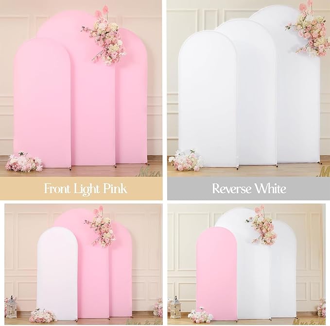 Pink and White Arch Backdrop Cover Set of 3 - Spandex Arch Covers 7.2FT 6.6FT 6FT Stretchy Fabric Backdrop for Wedding Ceremony, Bridal Baby Shower, Birthday Party, Photo Booth Background Decor