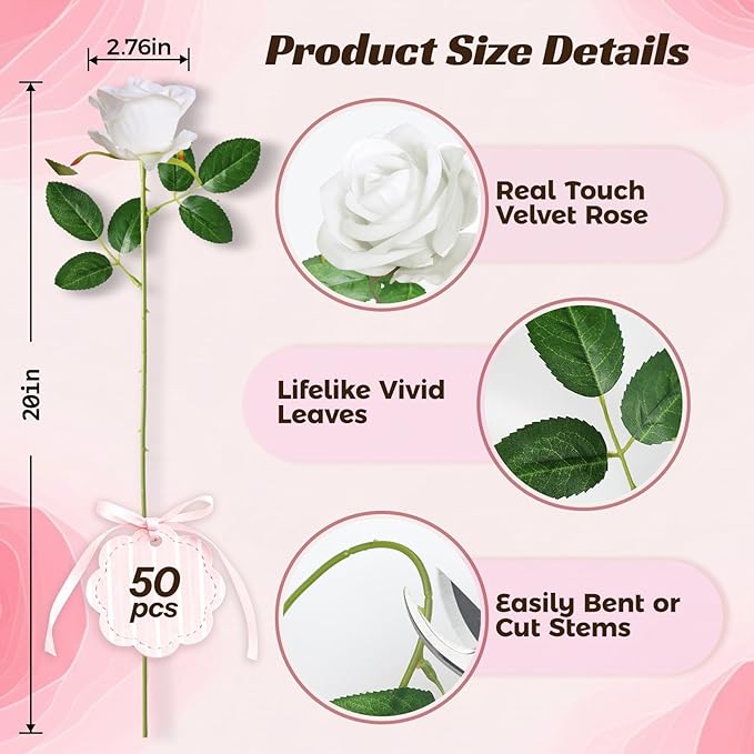 50 Pcs Fake White Roses Artificial Flowers Bulk, Faux Velvet Silk Rose Bouquet with Long Stems Real Look for Wedding Party Centerpieces Vases Decor