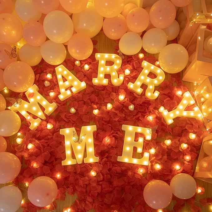 6147pcs Marry Me LED Marquee Light Up Letters Sign Proposal Decorations with 24 LED Heart Shape Light Love Balloon Box for Wedding Valentine Anniversary Party Banquet Props