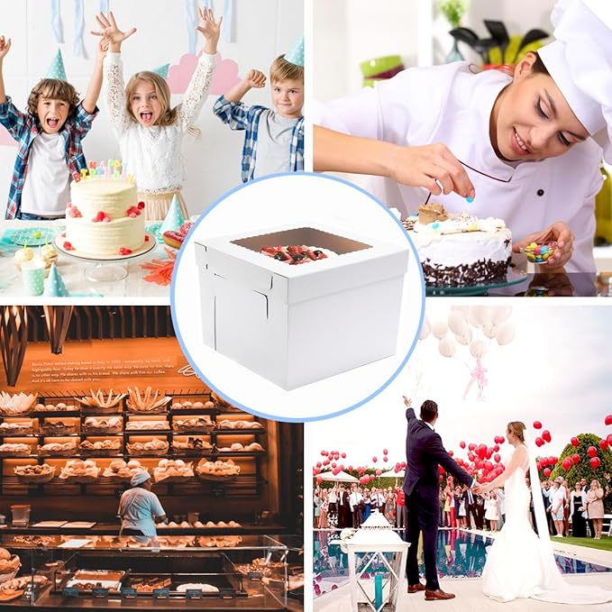 JJO Tall Cake Boxes for Tier Cakes, 14x14x12 Inches 3 Pack,Whie Cake Boxes with Window,Disposable Cake Containers, Sturdy Wedding Tall Cake Carrier