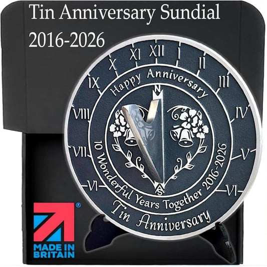 Anniversary Sundial Gift for 10th Tin Wedding Anniversary in 2026 - Recycled Metal Home Decor Or Garden Present Idea - Handmade in UK for Him, Her Parents Or Couples 10 Year Celebration