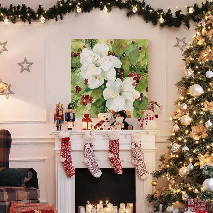 Renditions Gallery Holly Leaves Wall Art, Christmas & Winter Artwork, Festive Red & Green, Flowers, Floral, Premium Gallery Wrapped Canvas Decor, Ready to Hang, 32 in H x 32 in W, Made in America