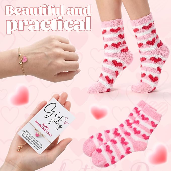 Zeyune 42 Pcs Galentines Day Gifts Valentines Gifts 6 Sets,Include Socks Glass Cup Friendship Bracelet Card Makeup Bag Heart Glasses Pink Scrunchies and Tote Bag for Women Friend Party Favors