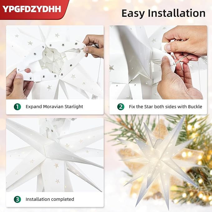 23" Large Moravian Star Outdoor Light, Moravian Star Christmas Tree Topper Lighted Battery Operated, Remote Control Hanging Outdoor/Indoor Tree Topper Light for Courtyard, Porch-White