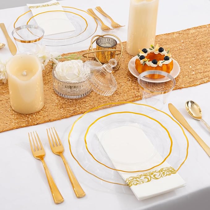 LIYH 700 Pcs Gold Plastic Dinnerware Set for 100 Guests, Disposable Plastic Wavy Clear Plates for Wedding Include 100 Dinner & Dessert Plates, 100 Napkins, 100 Cups, 100 Cutlery for Party Birthday