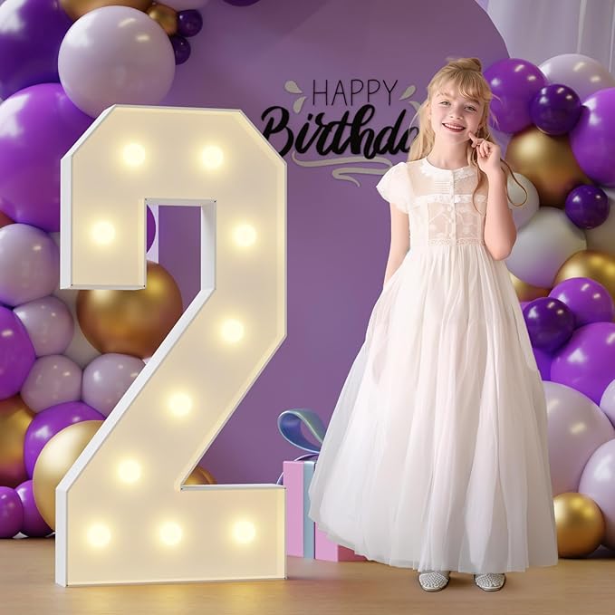 Marquee Numbers 2nd-Birthday Large Decorations: 4ft Light Up Numbers second Birthday Sign for Boy Girl Two Year Old Anniversary Mosaic Party Decor Backdrop Big Foam Board Number 2