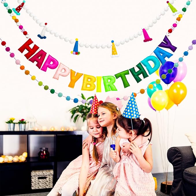 3Pcs Pre-Strung Reusable Happy Birthday Banner - Colorful Felt Ball Garland - Rainbow Party Decorations, Personalized Holiday Sign for Home Classroom Office Decor, Photo Prop Happy Birthday Sign for Kids Birthday Party (Birthday Banner + Felt Hat Garla...