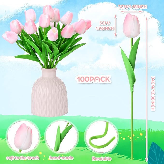 Jexine 100 Pcs Artificial Real Touch Tulips Fake Artificial Tulip Flower Bulk Bouquet with Stem for Table Centerpieces Wedding Bridal Easter Mother's Day Garden Home Decor, 13.4''(Pink)