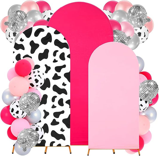 34 Pieces Disco Cowgirl Party Decorations Cowgirl Arch Covers 4ft 5ft 6ft Pink Spandex Backdrop Covers Hot Pink Silver Balloon Disco Foil Balloons for Birthday Bachelorette Wedding Party