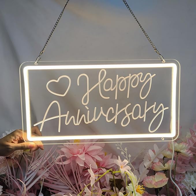 Happy Anniversary Neon Sign,Happy Anniversary Led Signs, Decoration Neon Lights for Bar Pub Christmas, Restaurant, Bedroom Wall Decor Cute Neon Signs Gift Engagement Birthday Wedding Party,SIGNVIA,39*20cm
