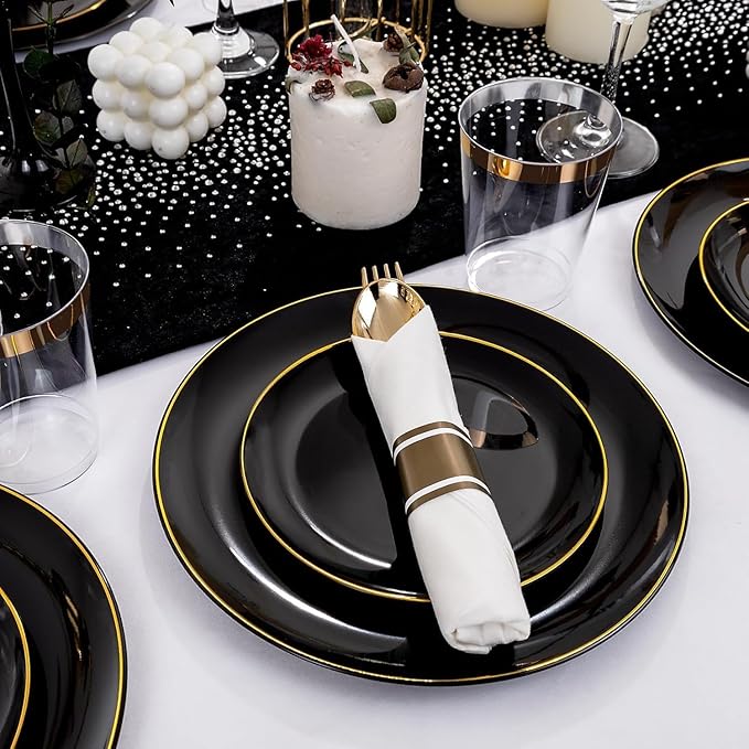 KIRE 350 PCS Plastic Dinnerware Set for 50 Guests - Black and Gold Plates 50 for Dinner 50 for Dessert & 50 Pre Rolled Napkins with Disposable Silverware 50 Cups for New Year/Banquet/Wedding