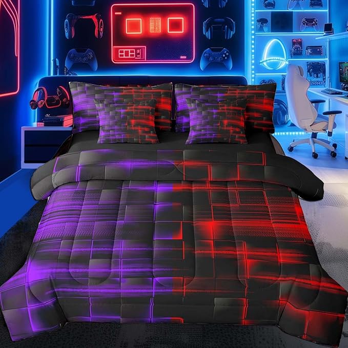 Feelyou Red and Purple Comforter Set with Sheets 7 Piece Twin Size Kids Geometric Bed in a BagStrip Lines Bedding Set Abstract Art Bed Set with Comforter, Sheets,Pillowcases,Cushion Covers