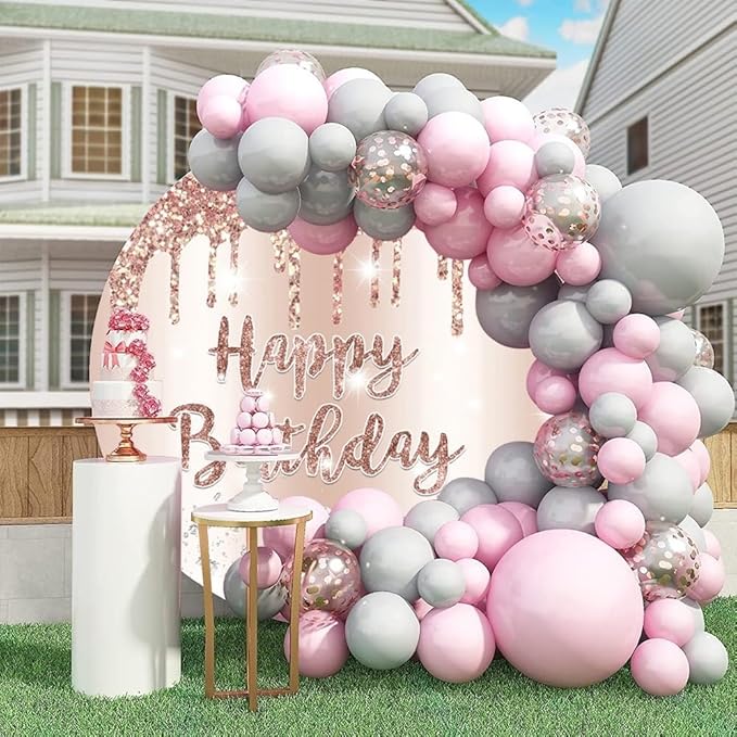 OERJU 5x5ft Round Birthday Backdrop Cover Rose Gold Glitter Diamonds Happy Birthday Background for Photography Women Girls 16 18th 21th 30th Bday Party Decorations Photo Studio Booth Props
