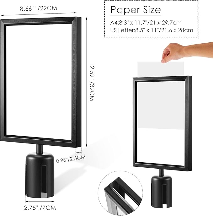 Taiyin 12 Pcs Stanchion Sign Holder Double Sided Sign Frame with Cover Stanchion Top Frames for 8.58 x 12.52 Inches Paper Size for Crowd Control Sentry Stanchions (Black)