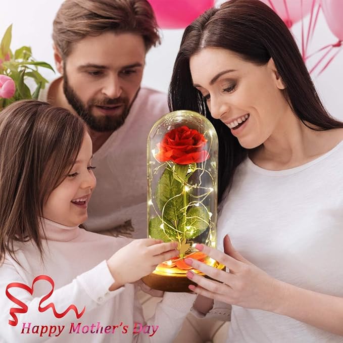 Valentines Day Gifts for Her,Beauty and The Beast Rose in Glass Dome,Lasts Forever Red Rose with LED Lights,Gifts for Women,Mom,Wife,Anniversary,Birthday, Wedding Home Decor