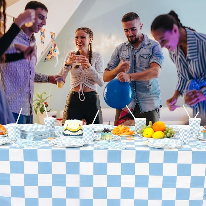 452 Pcs Light Blue and White Checkered Party Supplies for 50, Blue Checkered Gingham Paper Plates Napkins Cups Tablecloth Cutlery Straws for Picnic Camping Birthday Baby Shower Decoration