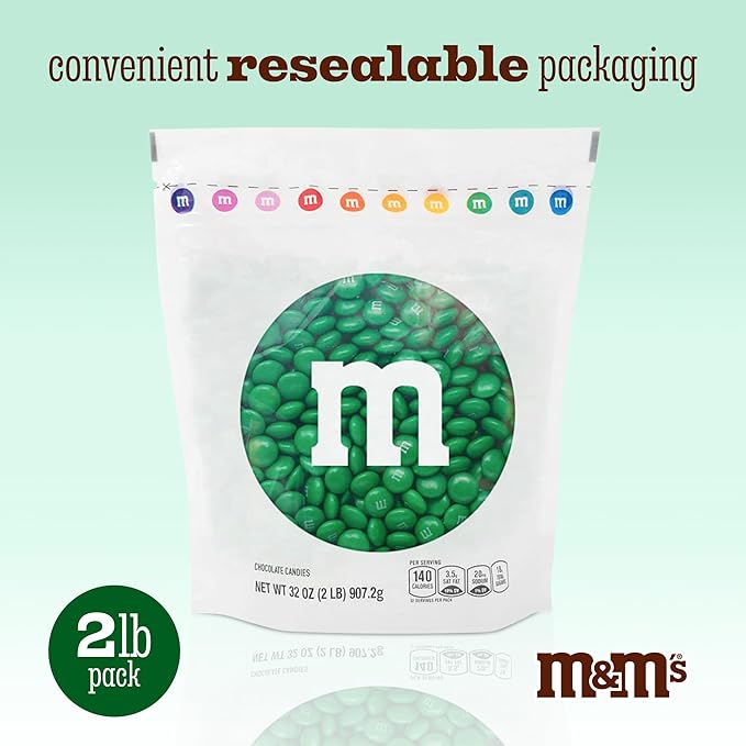 M&M’S WORLD Dark Green Milk Chocolate Candy, 5lbs of M&M'S in Resealable Pack for Candy Bars, Holiday Parties, Graduations, Christmas, Dessert Tables & DIY Party Favors