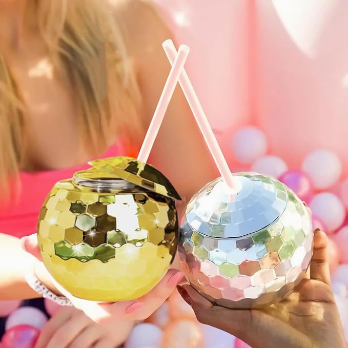 Disco Ball Cups, 20OZ Disco Party Cups with Lid and Reusable Straw Flash Ball Cocktail Cup for Party Nightclub Bar Supplies Wine Drinking Syrup Tea Bottle (12, Golden)