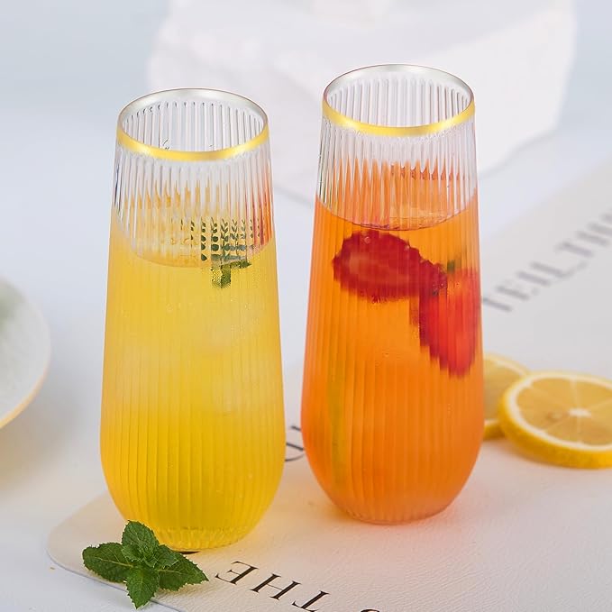 48 Pack Plastic Ribbed Champagne Flutes, 9 Oz Stemless Disposable Gold Rim Clear Plastic Toasting Glasses Shatterproof Recyclable and BPA-Free Perfect For Wedding