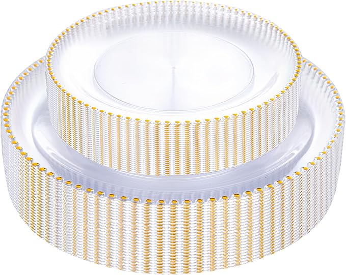 Rubtlamp 60Pcs Clear Gold Plastic Plates, Clear Disposable Plates With Gold Beaded, Heavyduty Plastic Plates Include 30 Dessert Platos, 30 Dinner Platos for Wedding Party