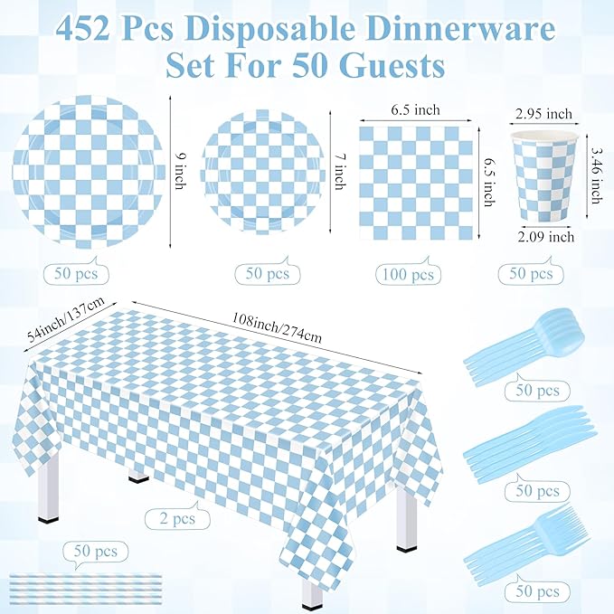 452 Pcs Light Blue and White Checkered Party Supplies for 50, Blue Checkered Gingham Paper Plates Napkins Cups Tablecloth Cutlery Straws for Picnic Camping Birthday Baby Shower Decoration