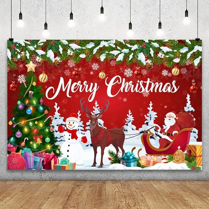 YongFoto Merry Christmas Backdrop 20x10ft Snowman Christmas Tree Santa Clause Elk Photography Background Happy New Year Xmas Eve Family Party Banner Room Decorations Photoshoot Wallpaper Photo Booth