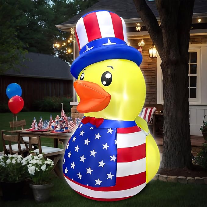 5FT Patriotic Independence Day 4th of July Inflatable Duck Decorations Outdoor Decor with Built-in LED Lights Blow Up Yard Decoration for Holiday Patriotic Party